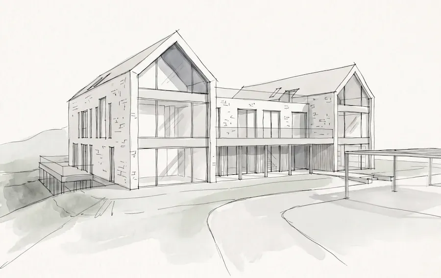 Hand-drawn building sketch prepared for AI visualization