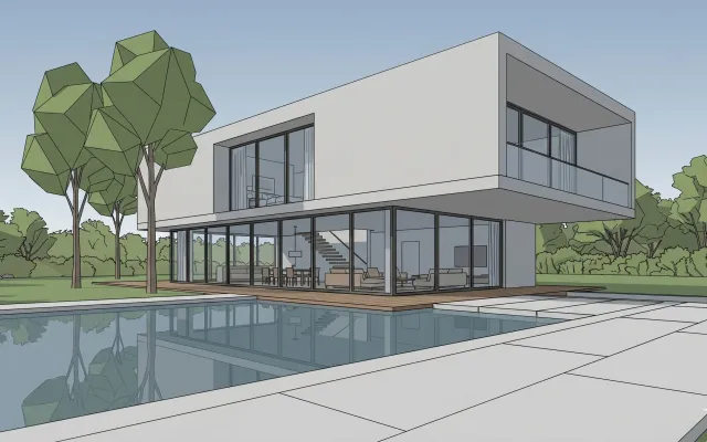 Modern house 3D model before conversion into an architectural sketch