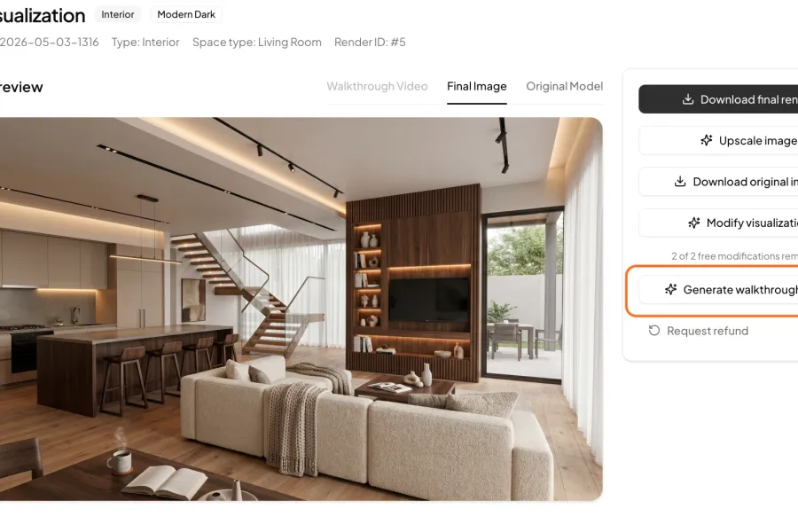 Architectural walkthrough video preview generated from a still visualization