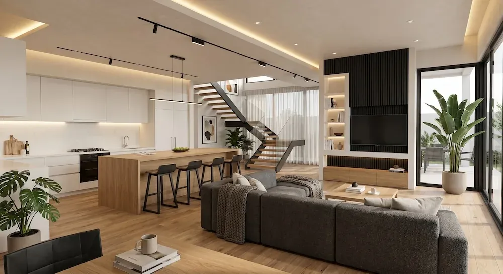Photorealistic AI interior visualization in Modern Organic style