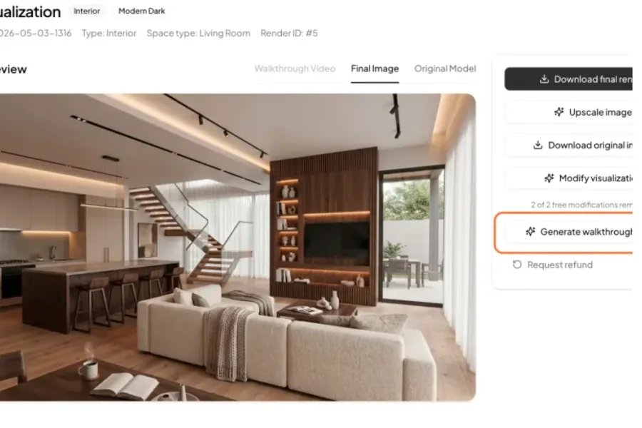 Walkthrough video preview generated from an interior visualization